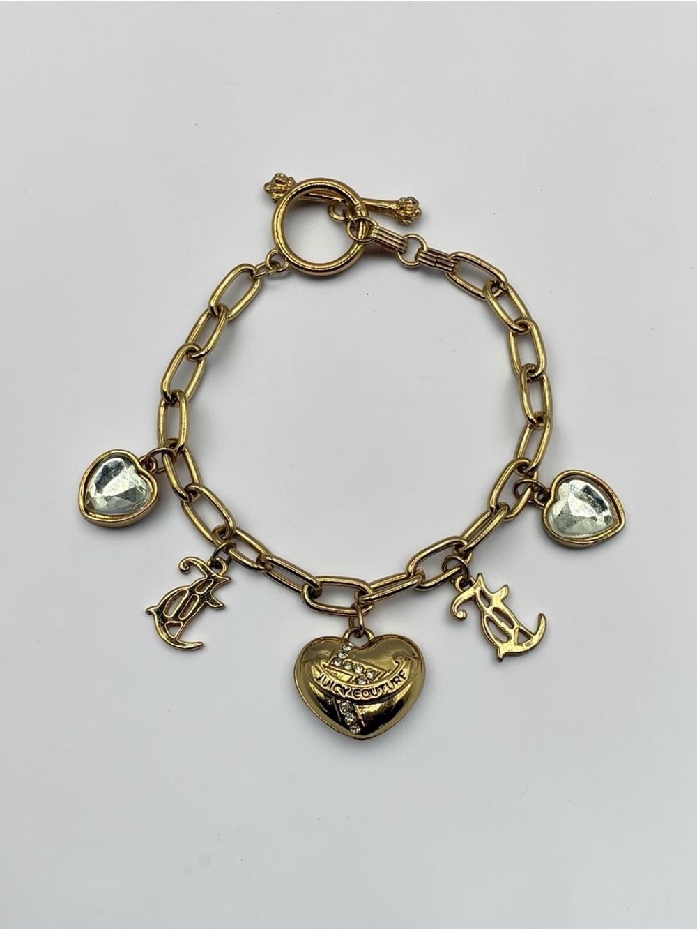 Juicy Couture Gold-Tone Heart & Rhinestone Charm Toggle Bracelet
